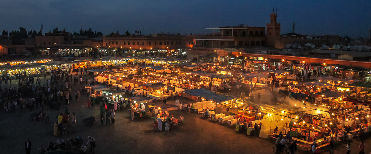 Jemaa el Fna Square in Marrakech, Morocco at night