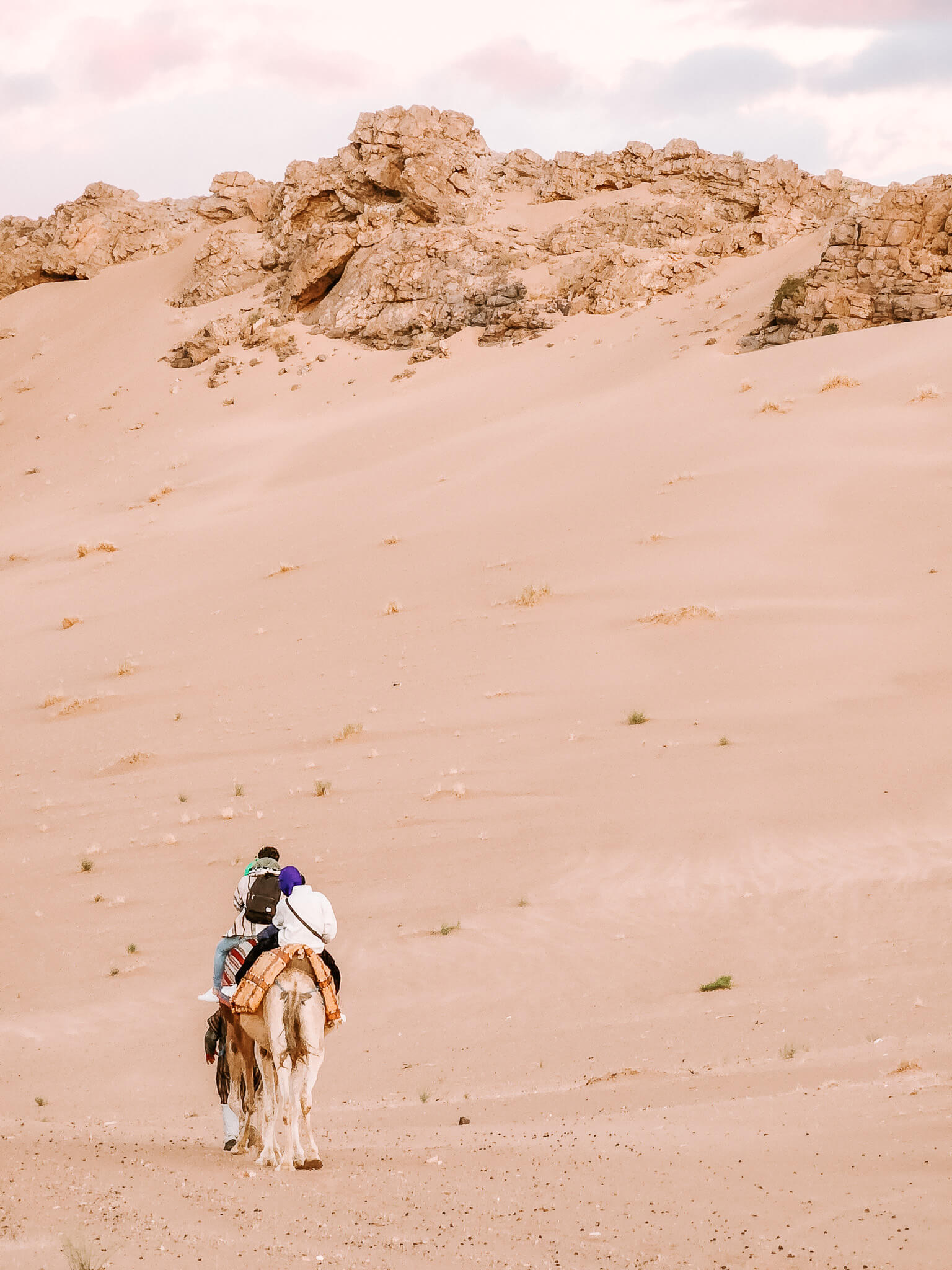 Couple riding camels through Zagora Desert