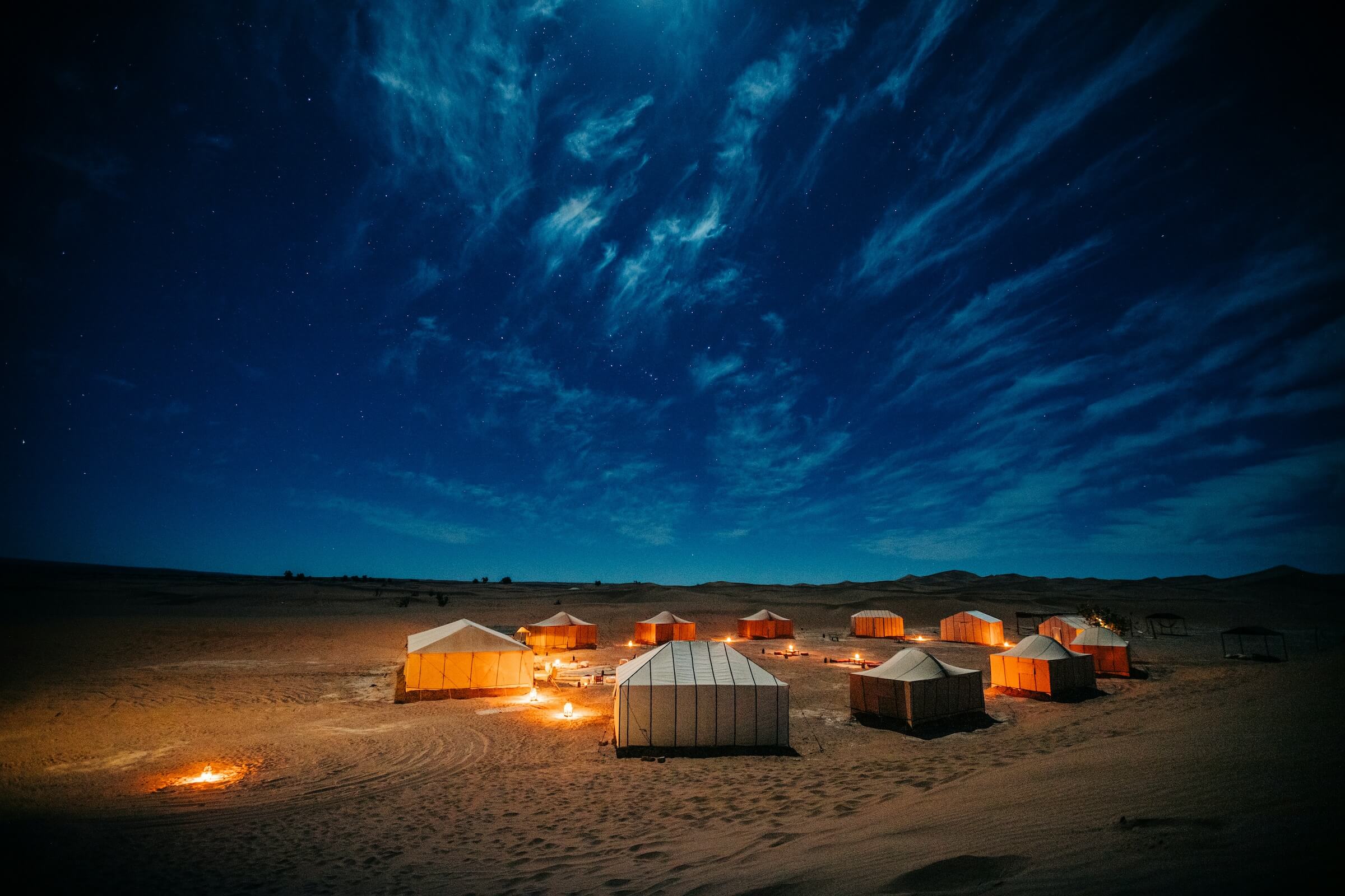 Desert Camp at night in Erg Chegaga in the Sahara Desert