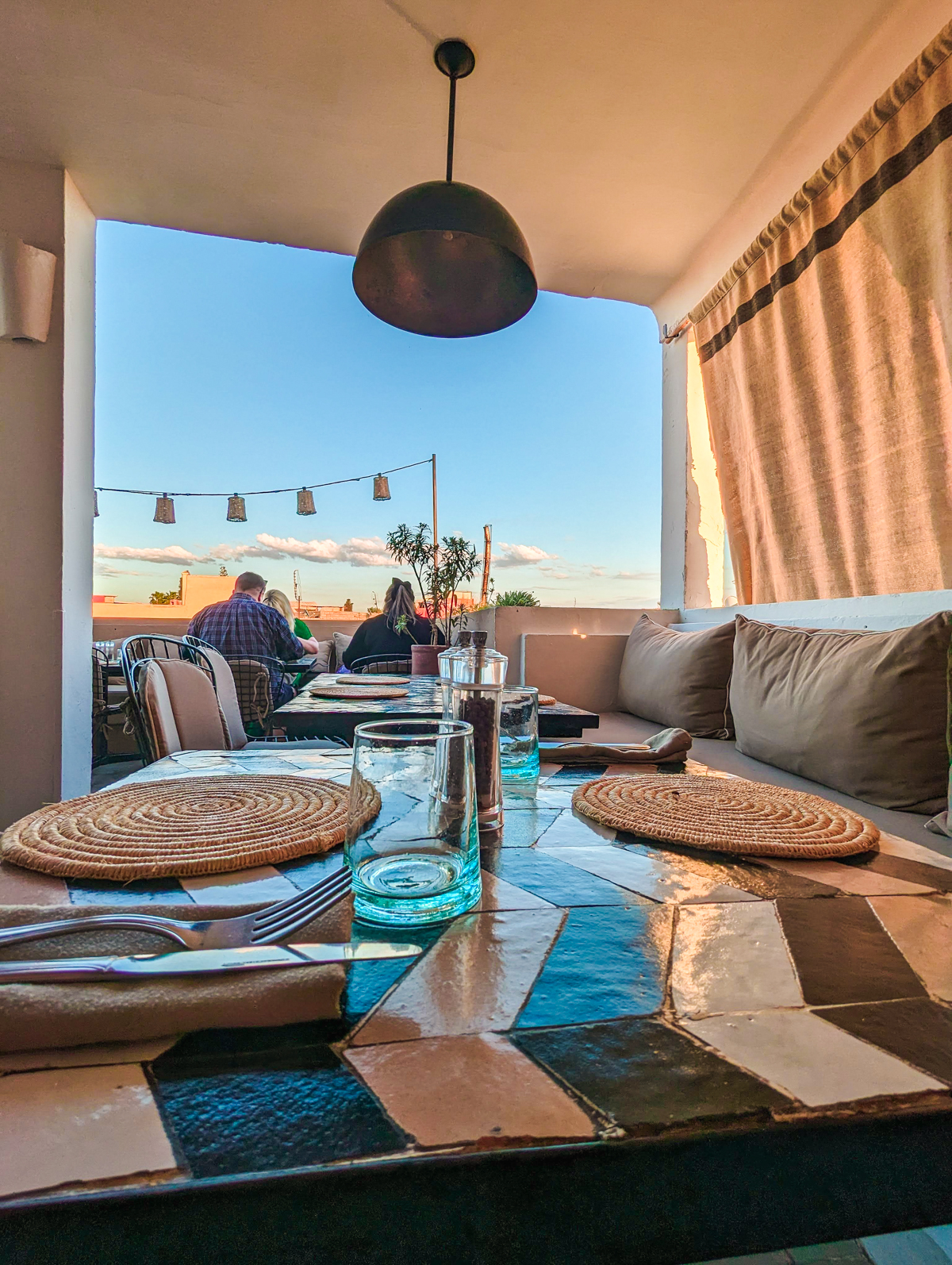 The terrace at Cafe Nomad in Marrakech overlooking the medina