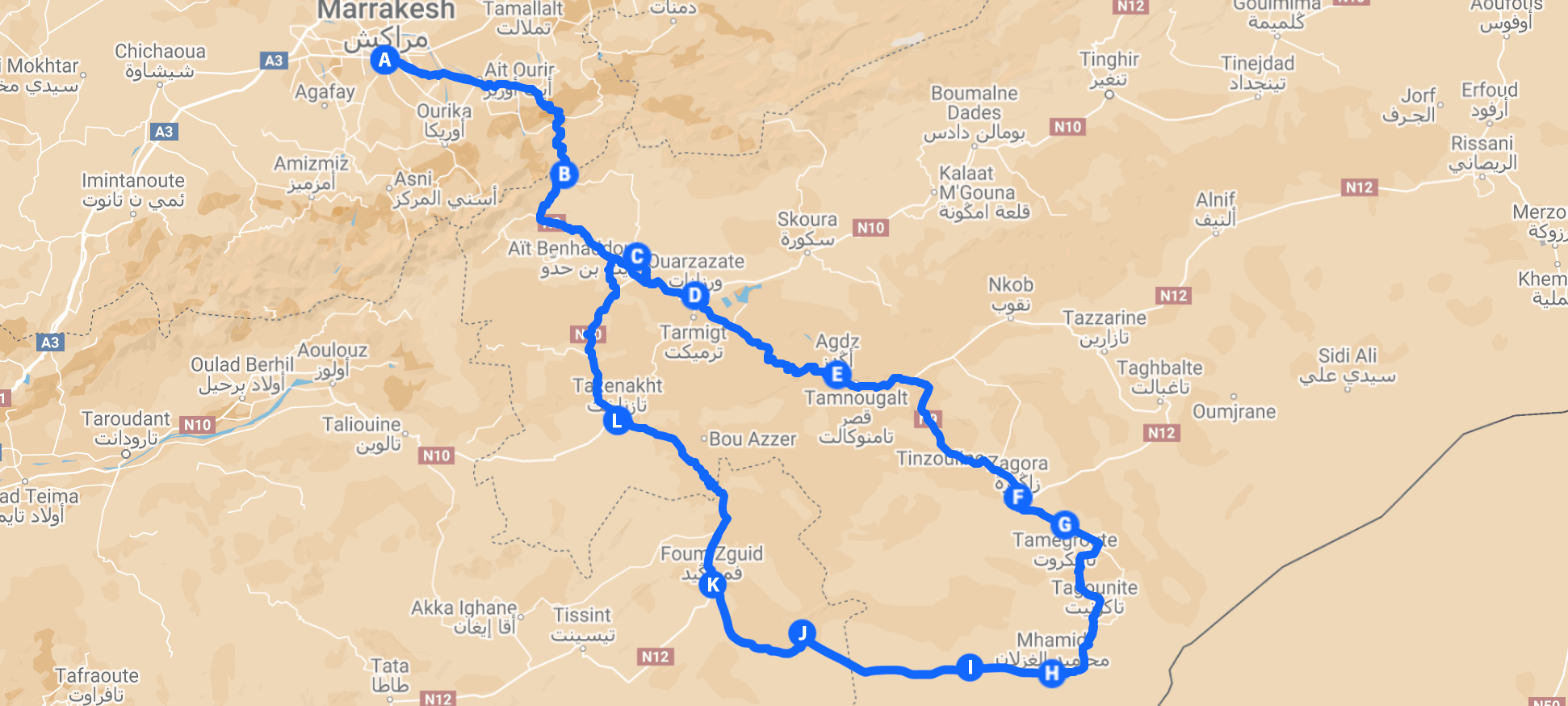 Route from Marrakech to Erg Chegaga