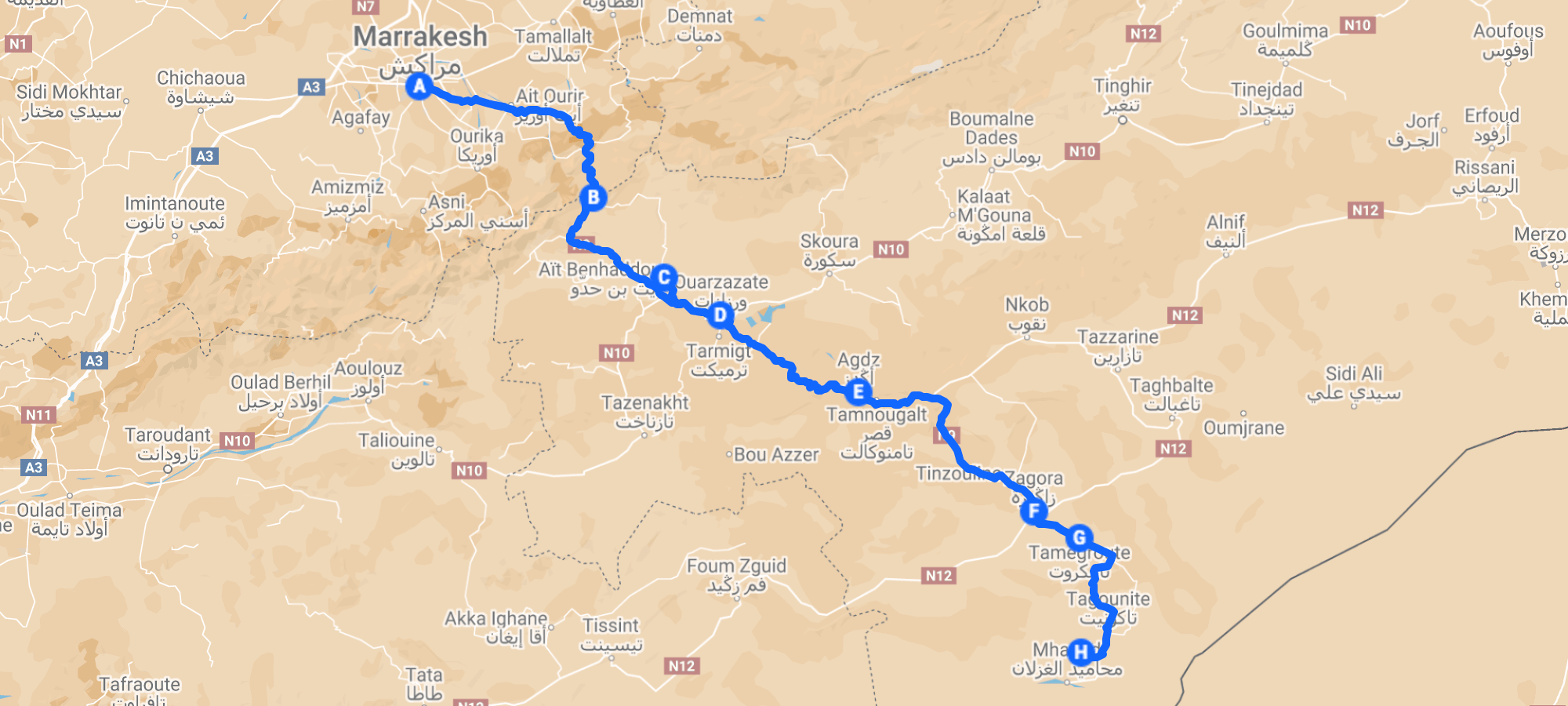 Route from Marrakech to Erg Lihoudi