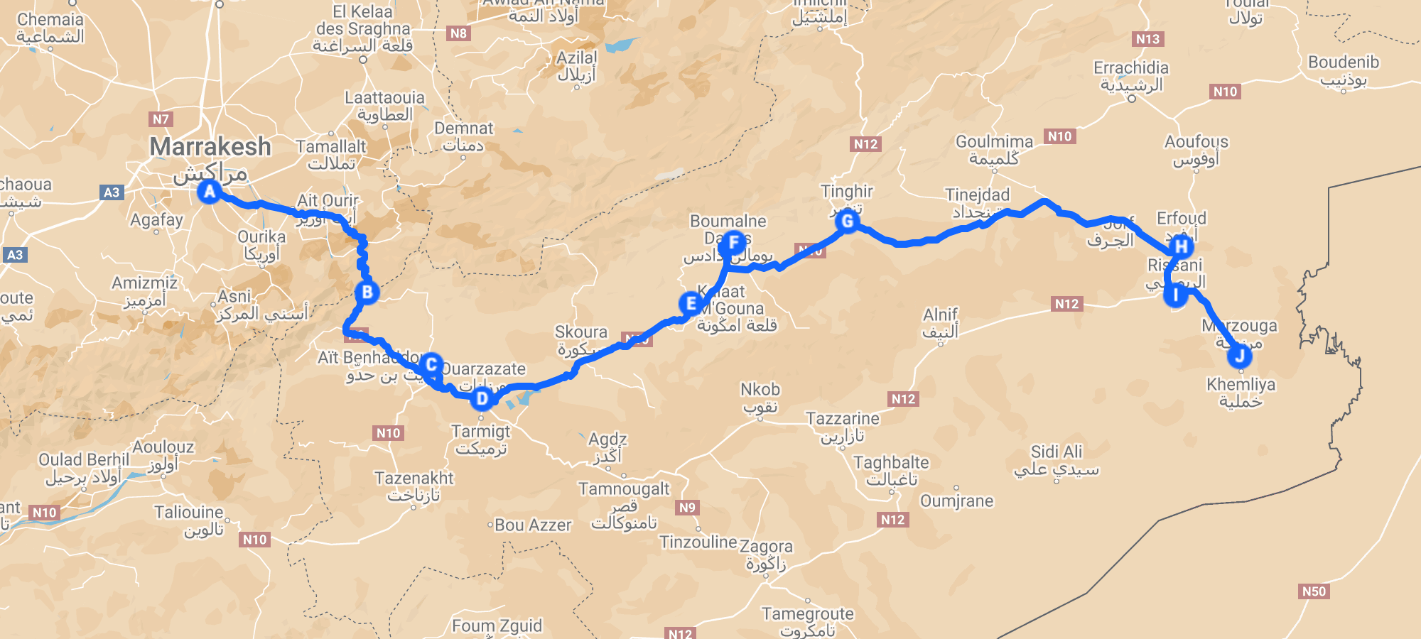 Route from Marrakech to Merzouga