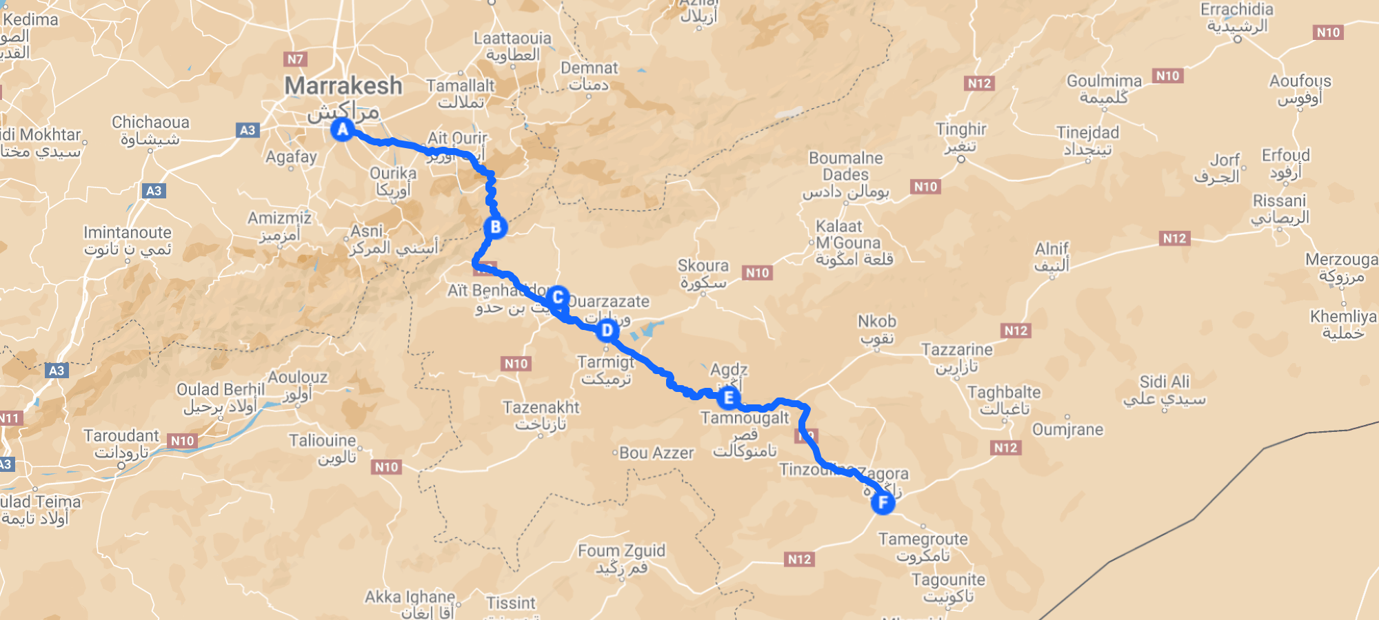 Route from Marrakech to Zagora