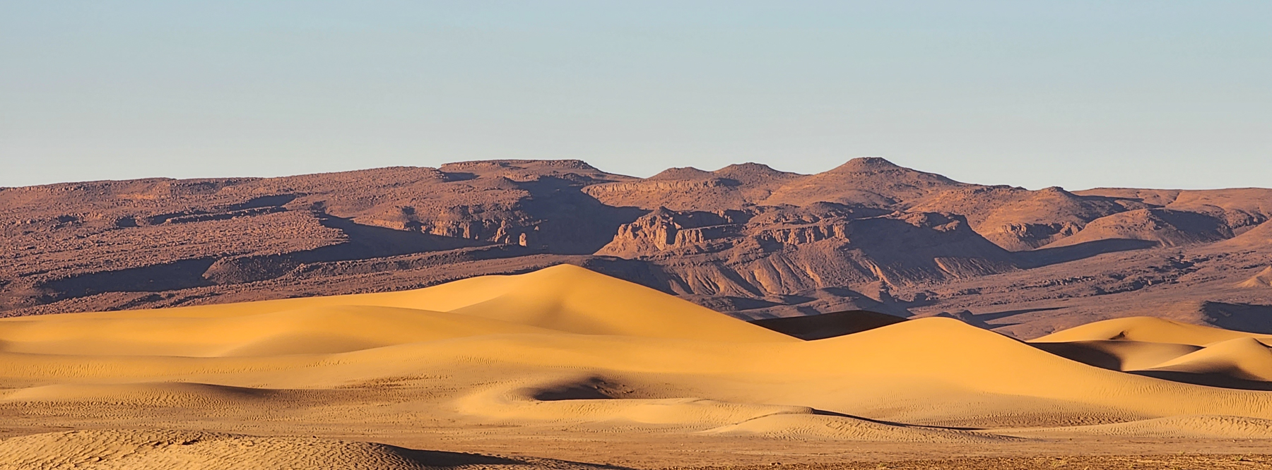 Sahara Desert dunes in Morocco with mountains in the background