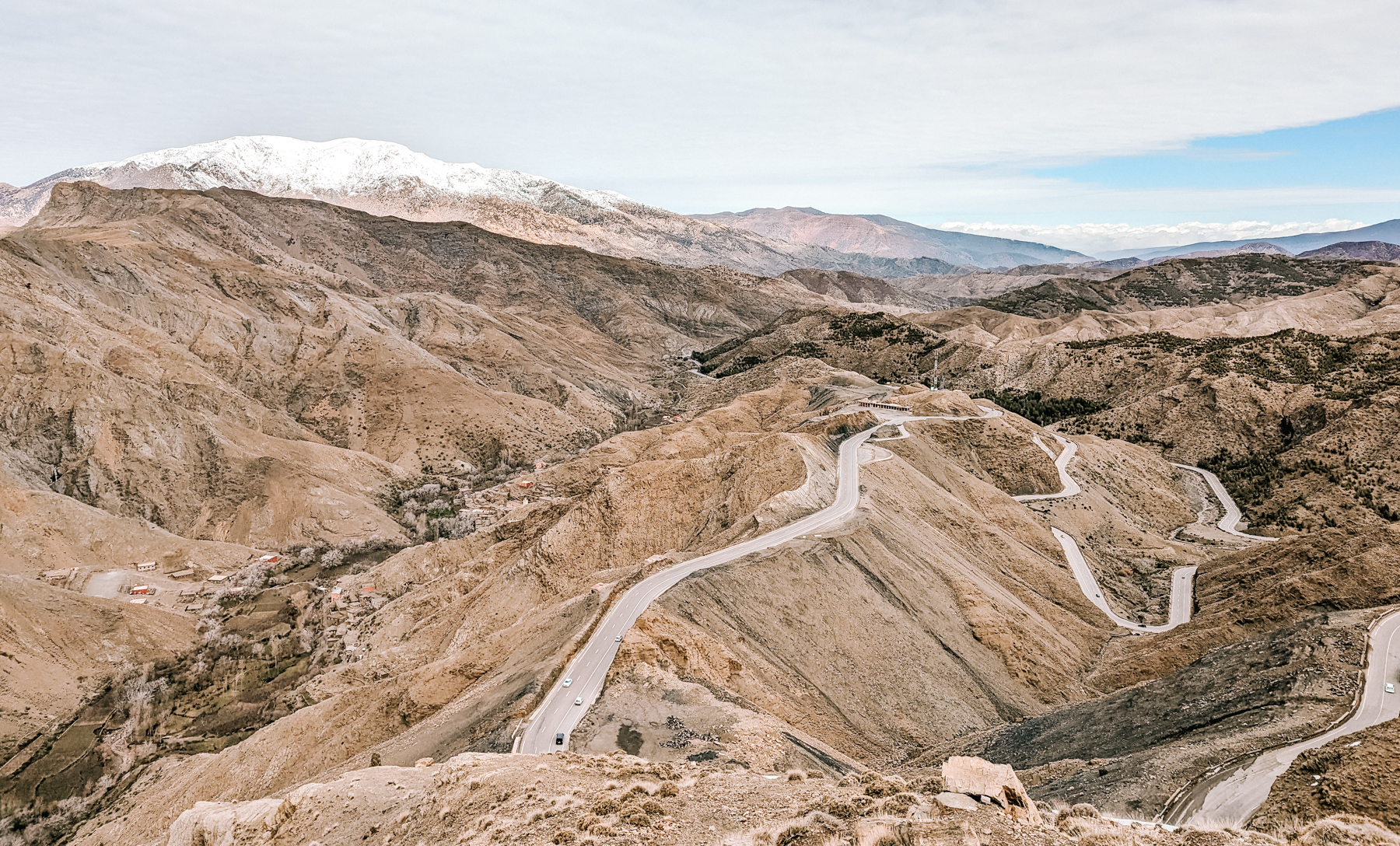 Winding road through the High Atlas Mountains at Tizi N'Tichka