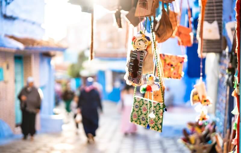 Handcraft Textiles, Bags and Souveniers at a street market in Chefchaouen