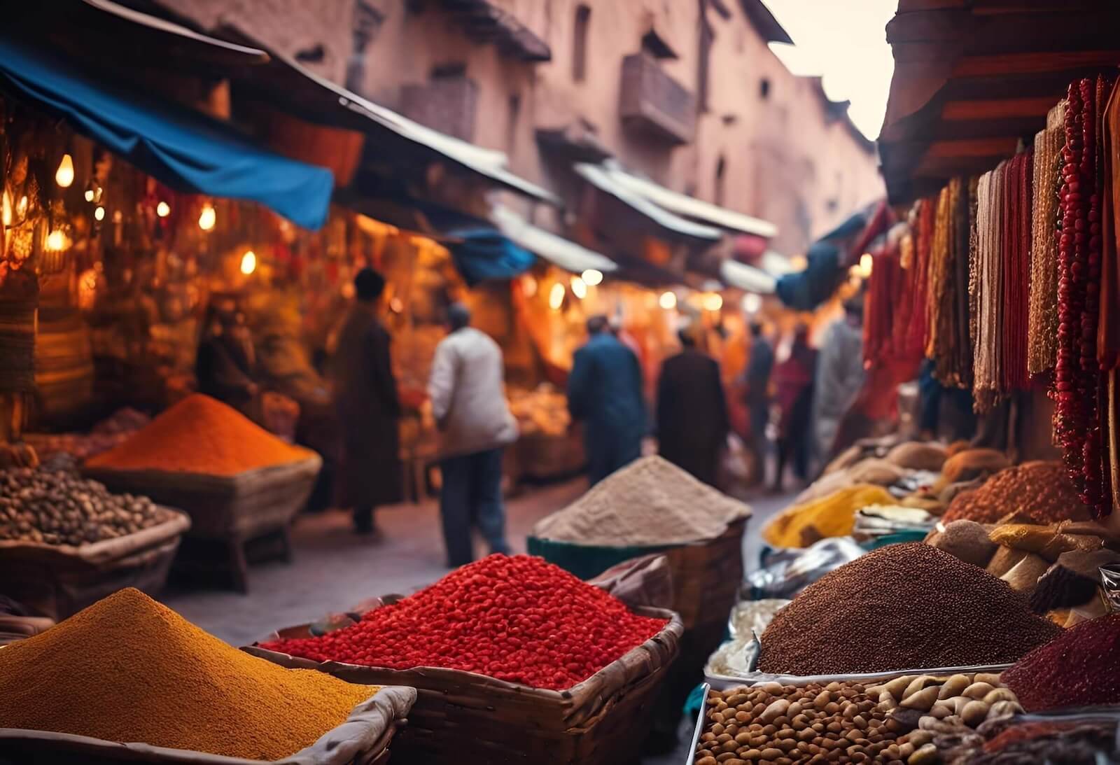 Marketplace in Marrakech, Morocco with goods and spices.